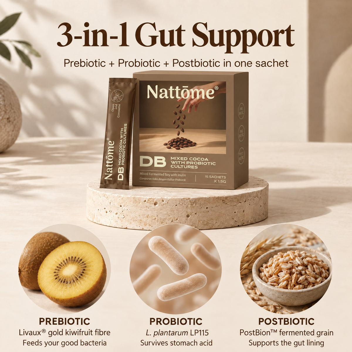 Nattōme DB 3-in-1 gut support: prebiotic Livaux® gold kiwifruit fibre, probiotic L. plantarum LP115 and postbiotic PostBion™ in one sachet
