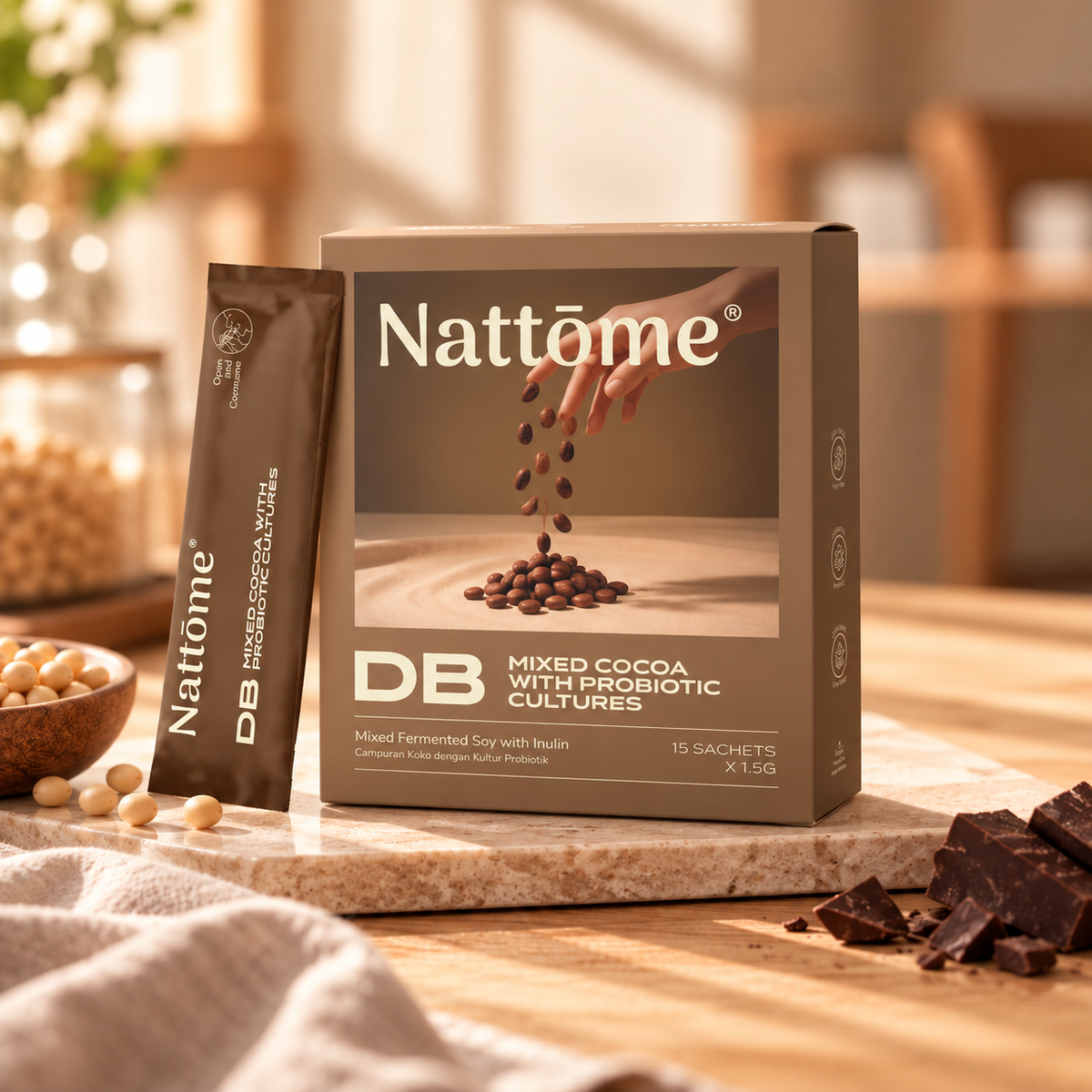 Nattōme DB (Digestive Booster) Cocoa box of 15 sachets with a single sachet, on a kitchen counter