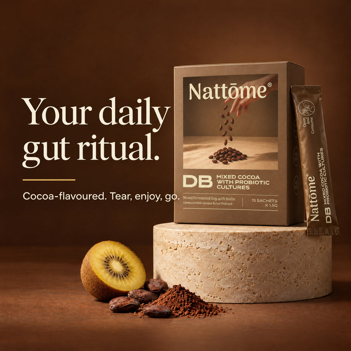Nattōme DB Cocoa box and sachet: your daily gut ritual, cocoa-flavoured